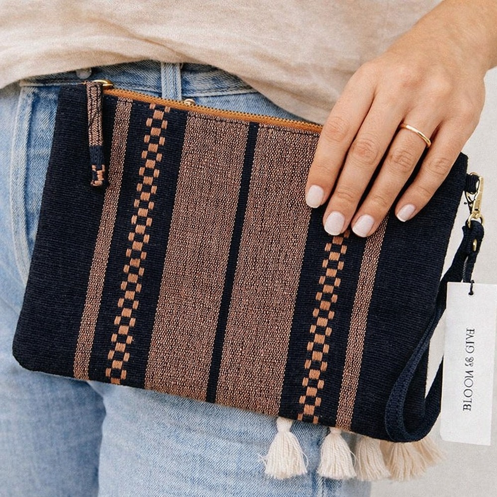 Bloom & Give Woven Clutch Wristlet Black Tan Striped Boho Zip Pouch